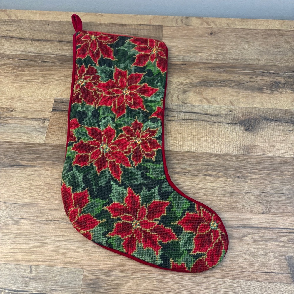 Imperial Elegance Poinsettias Needlepoint Hanging Christmas Stocking Vintage 90s